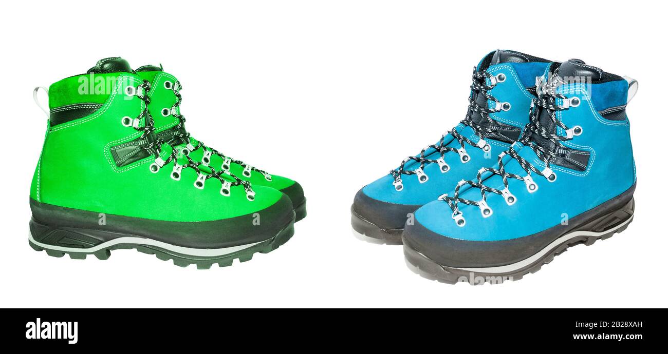 paire de bottes de montagne pour la randonnée en vert et bleu Banque D'Images