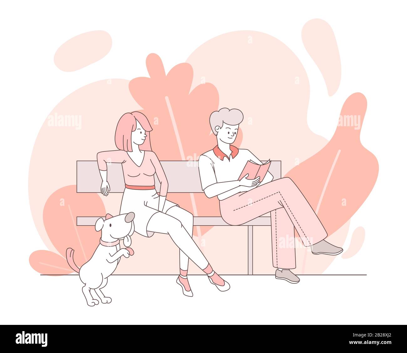 Jeunes avec leur animal de compagnie assis sur l'illustration de dessin animé vectoriel de banc. Homme lecture livre et femme marchant avec chien assis ensemble contour concept. Animaux domestiques et propriétaires d'animaux domestiques acceptés. Illustration de Vecteur