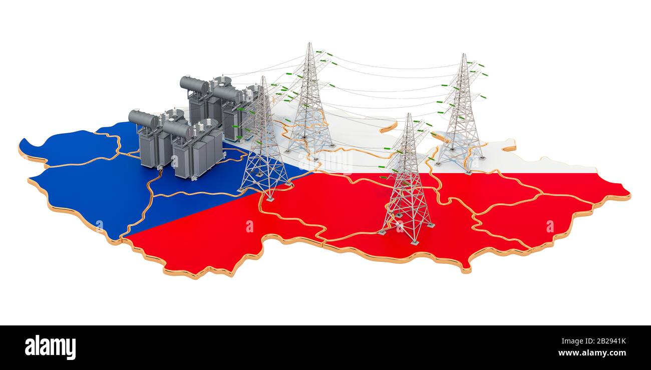 Sous-stations électriques en République tchèque, rendu tridimensionnel isolé sur fond blanc Banque D'Images