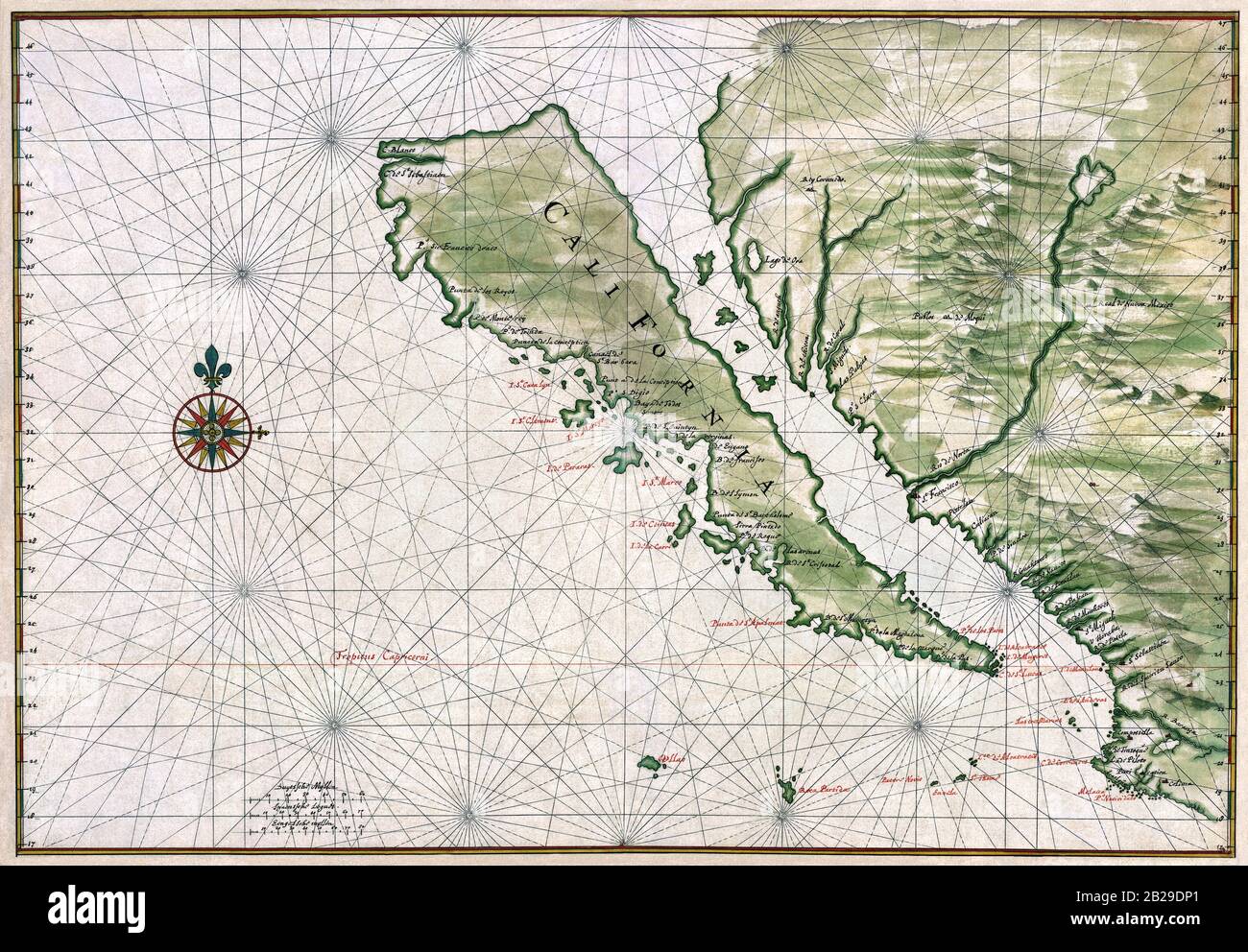 Carte de la Californie comme une île. Encre et aquarelle avec relief pictural - Johannes Vingboons, vers 1650 Banque D'Images