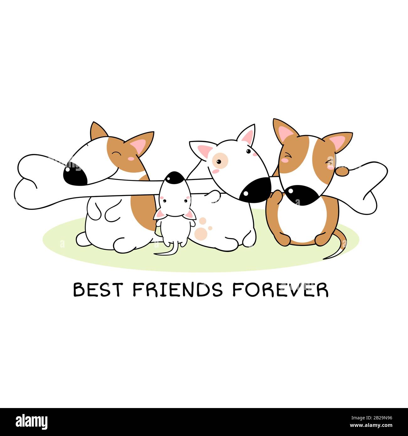 Meilleurs amis pour toujours. Quatre terriers de taureaux mignons avec os dans le style kawaii. Isolé sur fond blanc. Illustration vectorielle pour la conception de t-shirts, pos Illustration de Vecteur