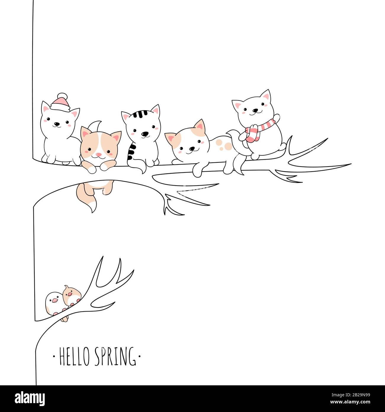 Bonjour printemps. Groupe de chats et d'oiseaux mignons sur la branche de l'arbre dans le style kawaii. Isolé sur fond blanc. Illustration vectorielle pour la conception de t-shirts, po Illustration de Vecteur