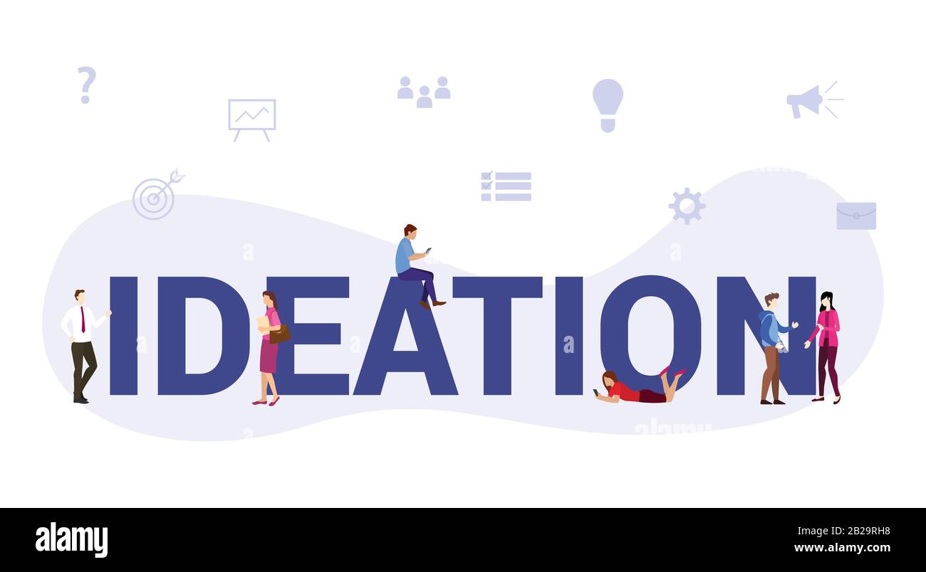 concept de processus d'affaires d'idéation avec grand mot ou texte et les gens d'équipe avec le style moderne plat - vecteur Banque D'Images concept de processus d'affaires d'idéation avec grand mot ou texte et les gens d'équipe avec le style moderne plat - vecteur Banque D'Images