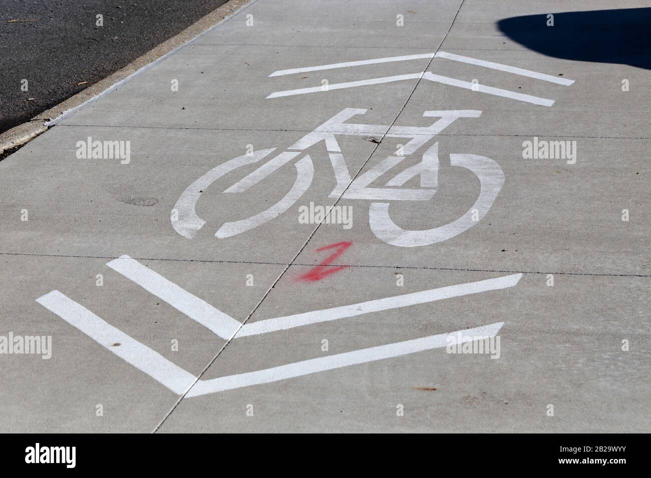 Un marquage de voies partagées « herses » sur un trottoir des États-Unis avec des flèches indiquant le sens de déplacement bidirectionnel autorisé pour les vélos sur une route partagée Banque D'Images