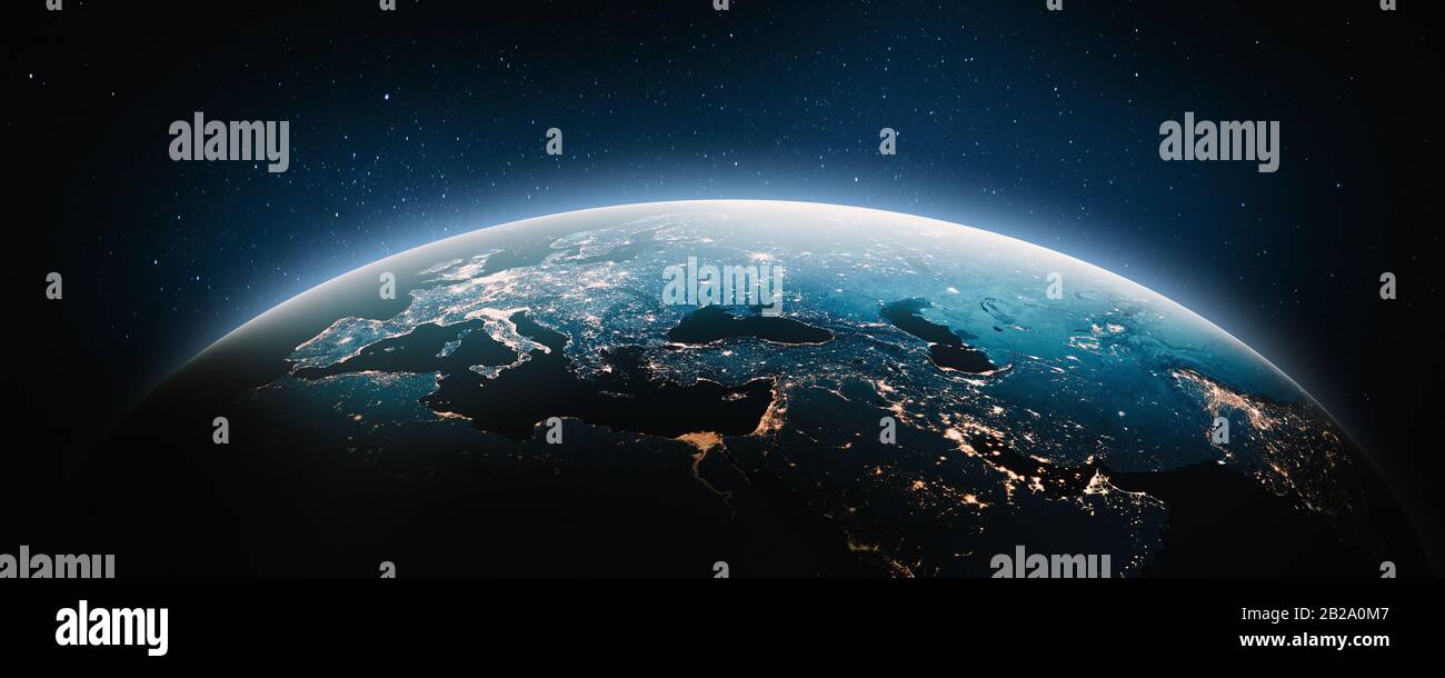 L'Europe et le Moyen-Orient la nuit. Éléments de cette image fournie par la NASA. rendu tridimensionnel Banque D'Images