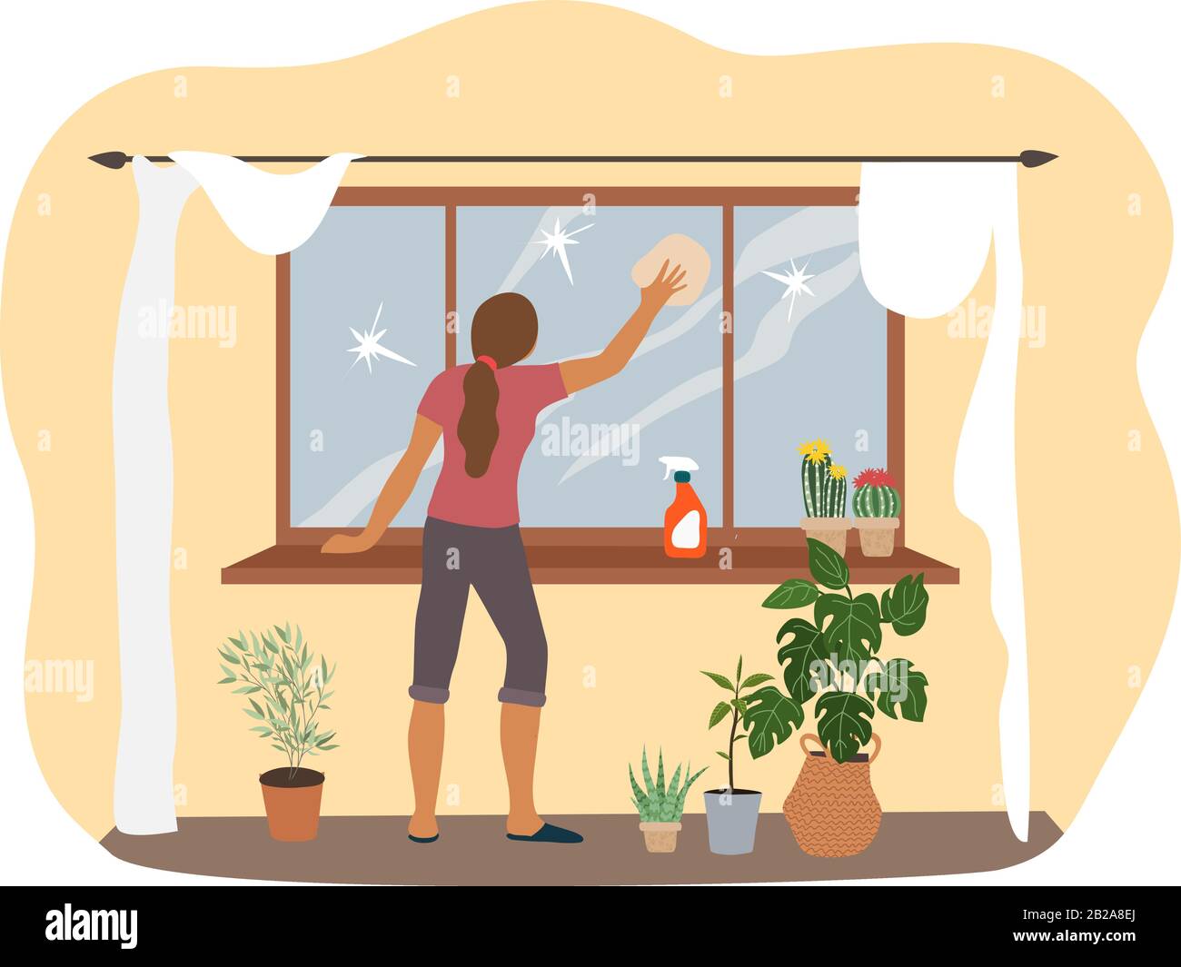 Nettoyage de la maison de printemps, femme lave une fenêtre dans l'appartement. Illustration de la caricature vectorielle Illustration de Vecteur