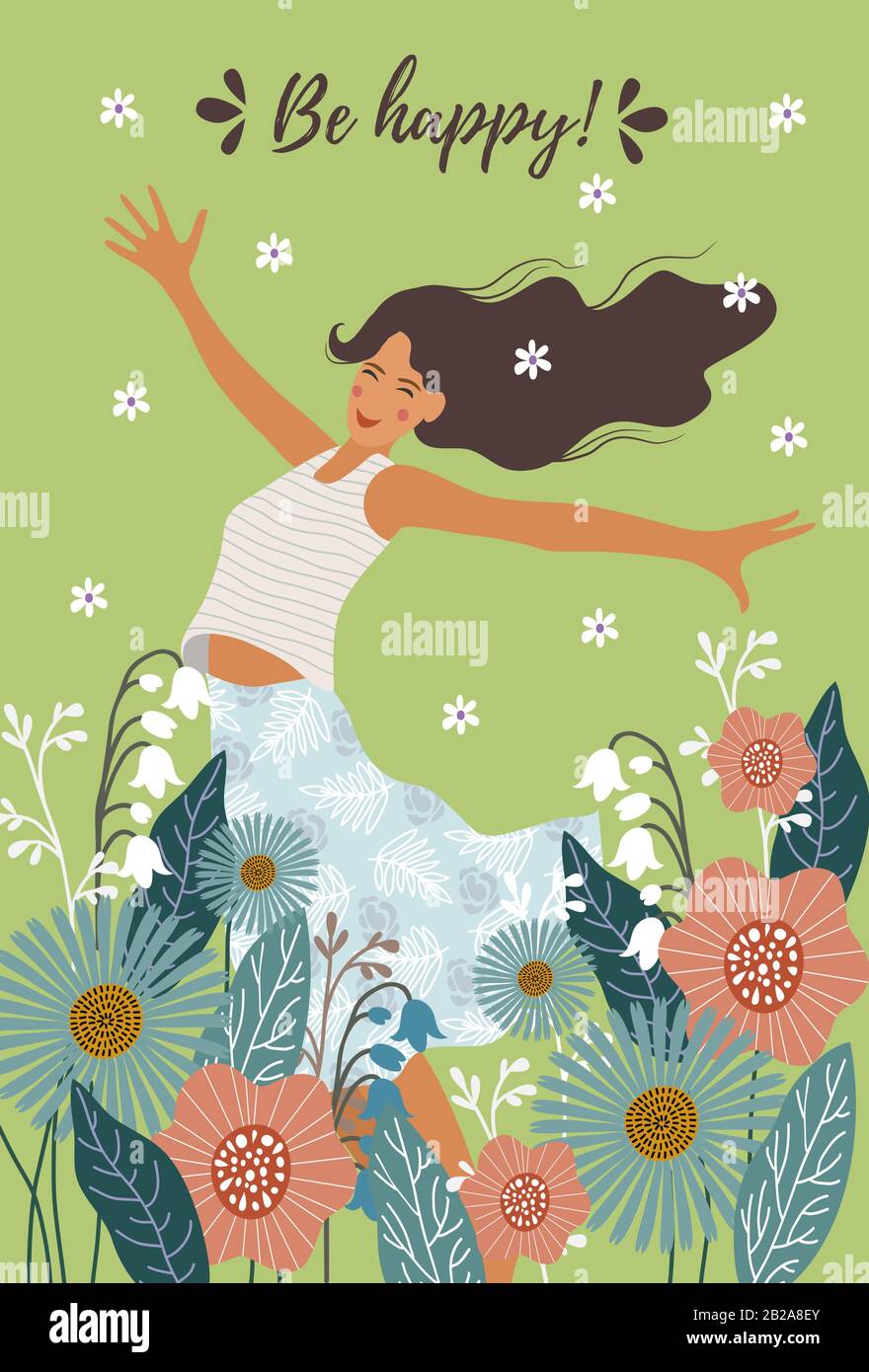 Soyez heureux. Belle affiche plate avec une heureuse fille de saut et des fleurs abstraites pour le motif cartes postales. Illustration vectorielle Illustration de Vecteur