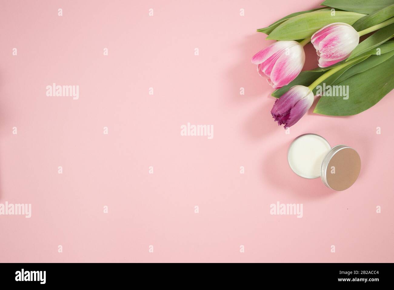 Accessoires de spa sur le fond de wodden avec quelques tulipes et crème faciale Banque D'Images