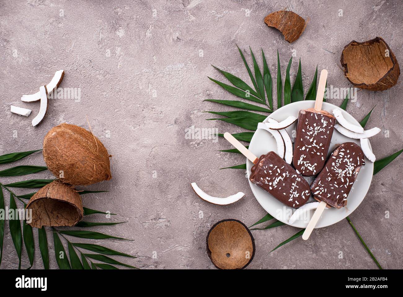 Popsicles de noix de coco dans le glaçage au chocolat Banque D'Images
