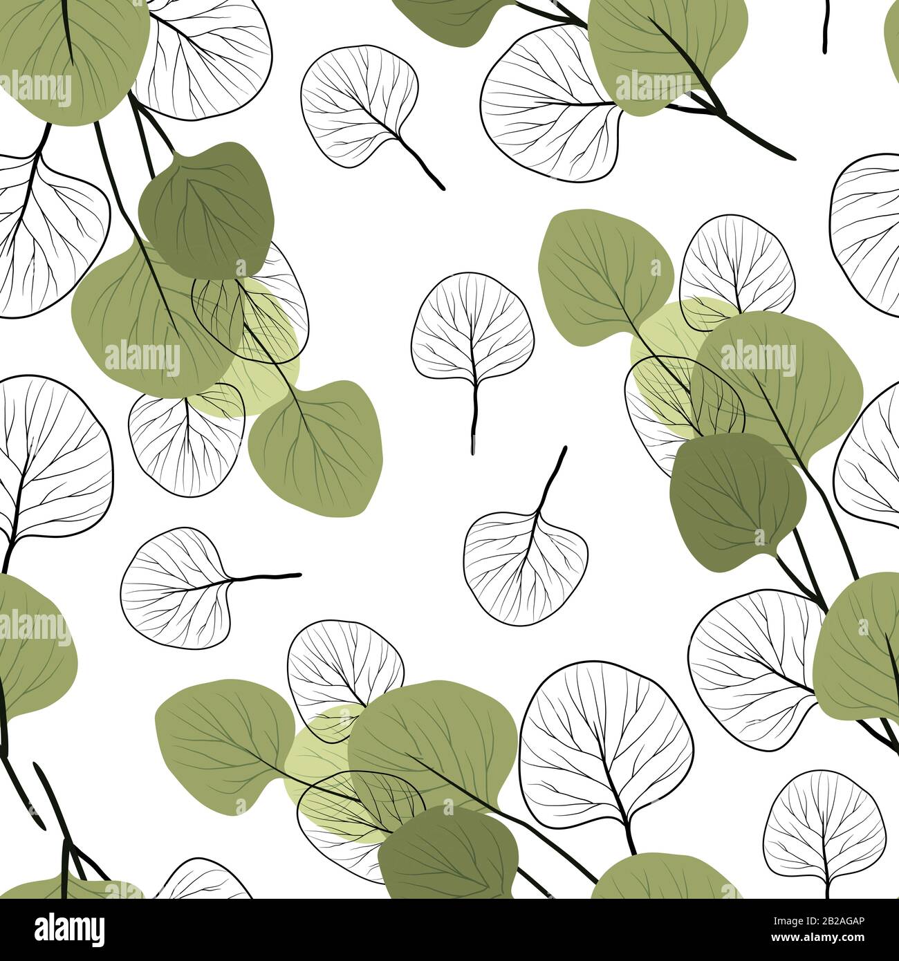 Modèle sans couture avec branches d'eucalyptus sur un style plat et contours noir et blanc des feuilles . Illustration vectorielle Illustration de Vecteur