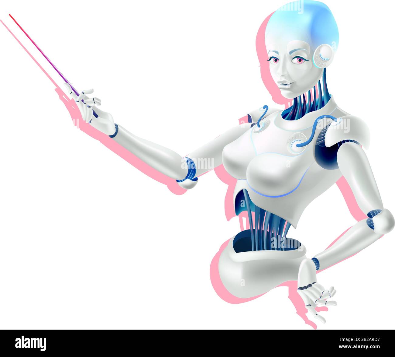 Illustration d'un maître de conférence de robot ou d'un professeur de cyborg avec un pointeur. Android femme humanoïde avec intelligence artificielle tenant le pointeur dans la main. Vecto Illustration de Vecteur