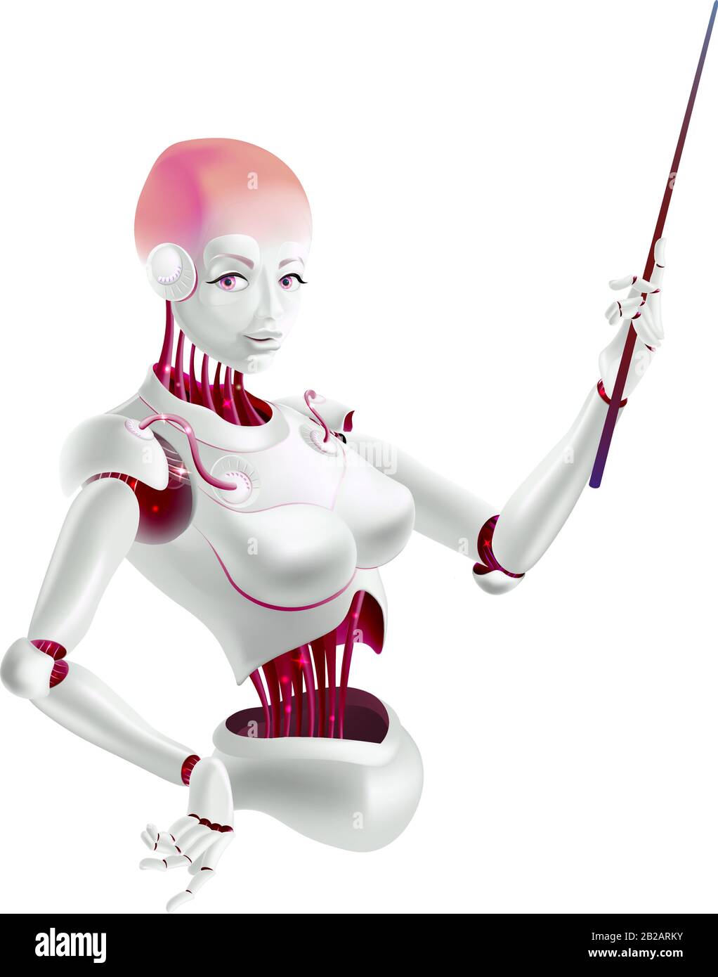 Illustration d'un maître de conférence de robot ou d'un professeur de cyborg avec un pointeur. Android femme humanoïde avec intelligence artificielle tenant le pointeur dans la main. Vecto Illustration de Vecteur