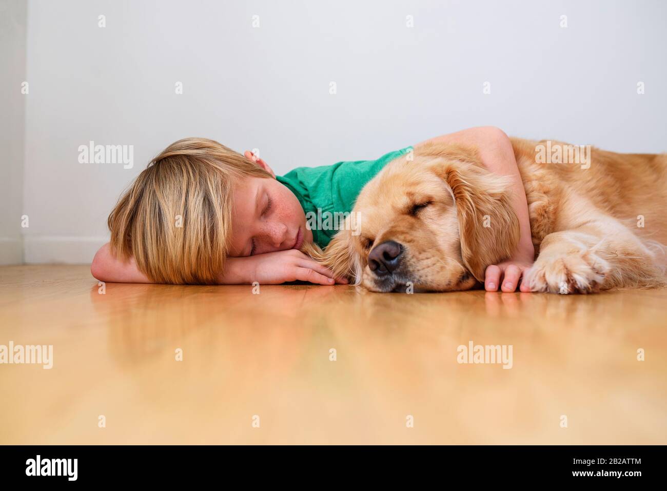 Un garçon allongé sur le sol câblait un chien de réessai doré Banque D'Images