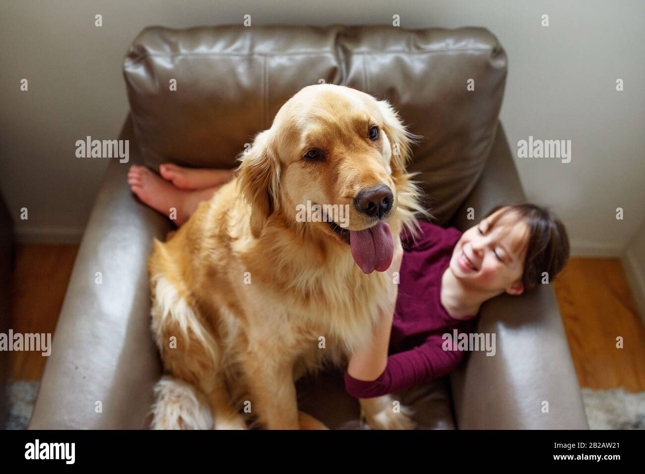 Une heureuse fille assise dans un fauteuil avec un chien doré Banque D'Images