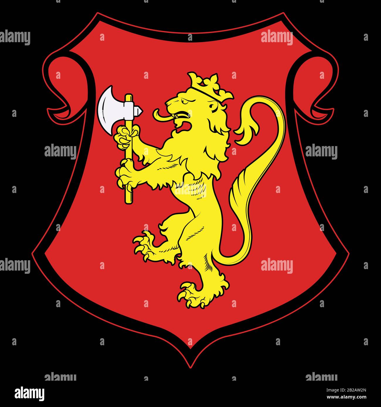 Lion royal héraldique vintage avec une hache et un bouclier héraldique. Armoiries, heraldry, emblème, symbole Illustration de Vecteur