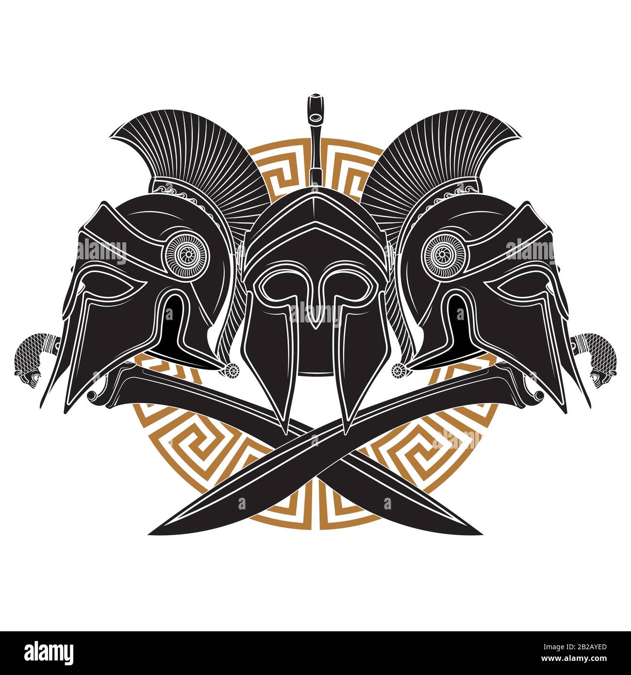 Ancien casque hellénique, deux épées grecques croisées et ornement grec serpentent Illustration de Vecteur