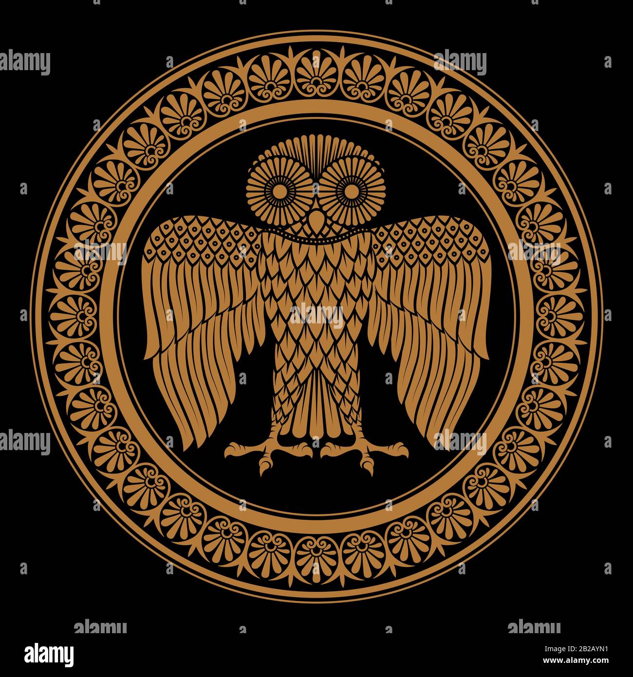 Ancien bouclier grec avec l'image d'une chouette et de l'ornement floral grec classique, illustration vintage Illustration de Vecteur