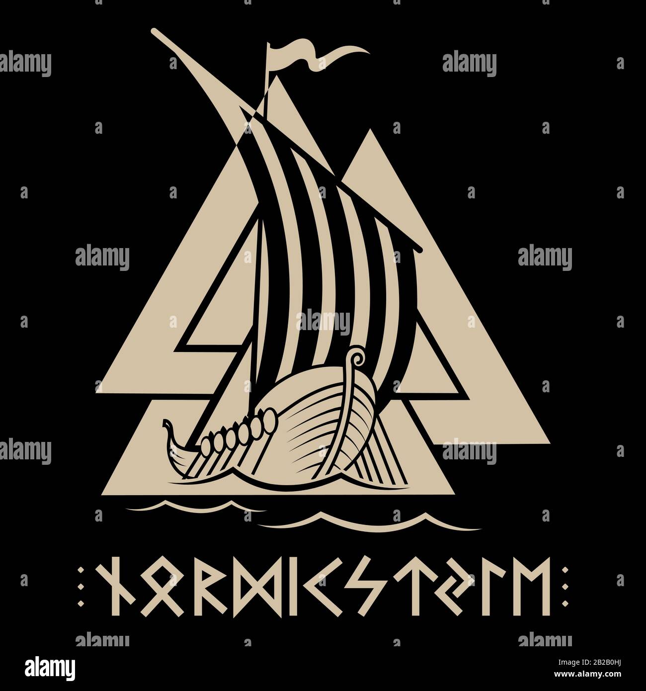 Navire de guerre des Vikings. Drakkar, ancien modèle scandinave et runes norse Illustration de Vecteur