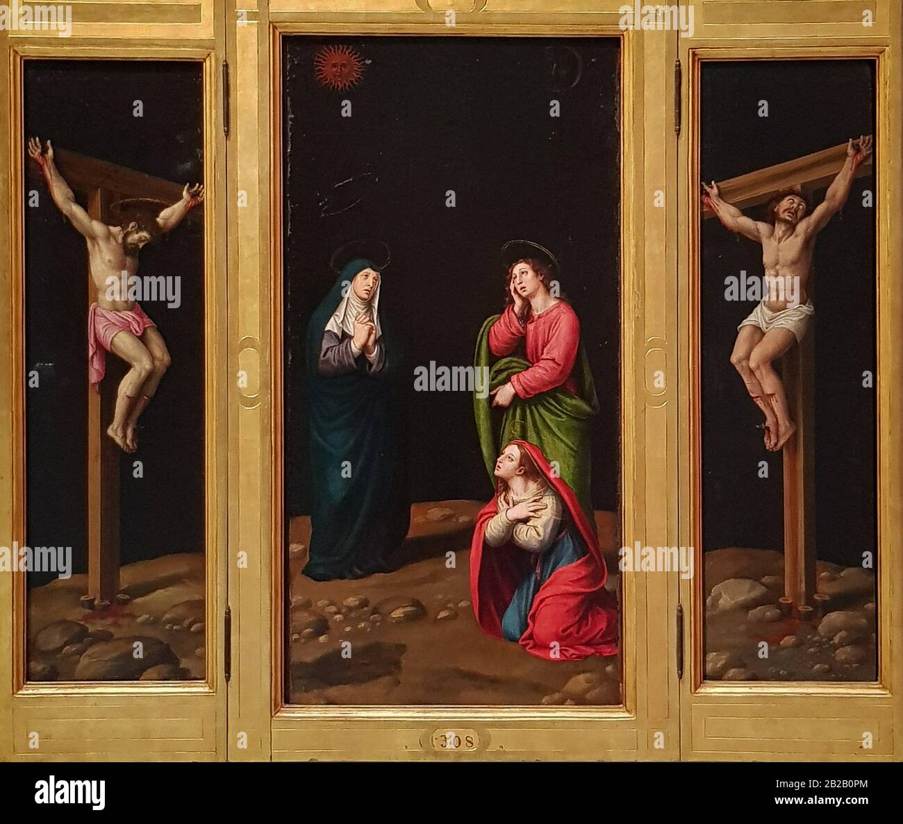 '''triptyque du Crucifixion''' , Joan de Joanes (1505-1579), huile sur bois. Banque D'Images
