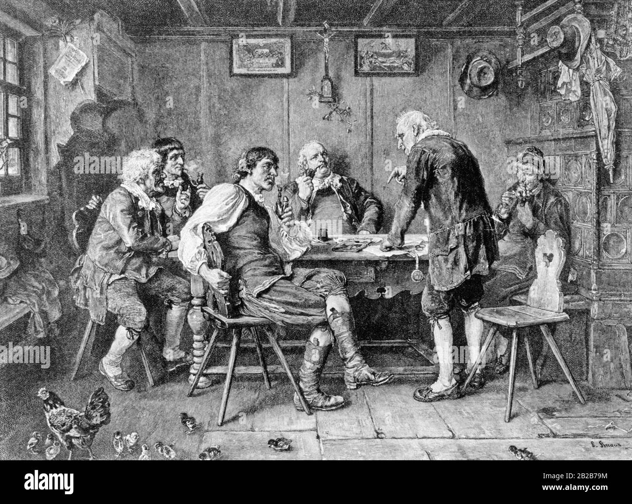 "Bauernberatung im Schwarzwald" après une peinture de Ludwig Knaus. Plusieurs agriculteurs s'assoient autour d'une table dans le salon, fument un tuyau et se consultent. Banque D'Images