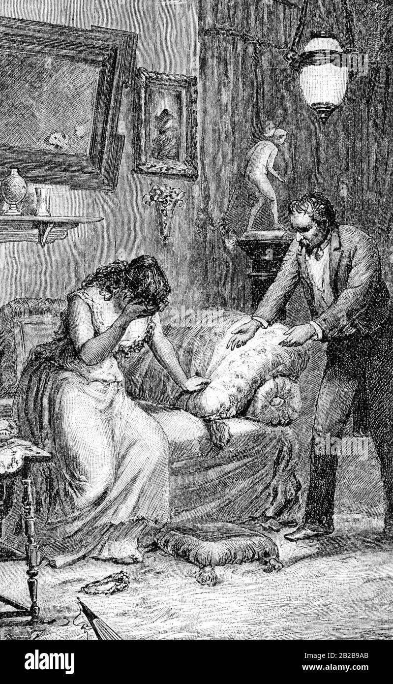 Illustration du roman 'Reichsgrafine Gisela' publié en 1890 par l'auteur réussi E. Marlitt. Cela inclut la légende : « Jutta, donnez-moi votre main et regardez-moi une fois de plus », a-t-il dit d'une voix brisée. Banque D'Images