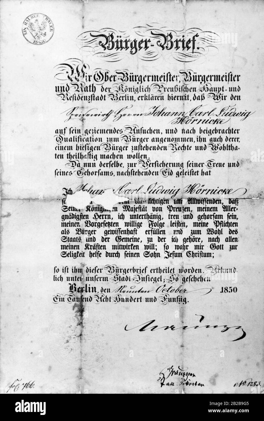 Lettre de citoyenneté émise par la ville de Berlin pour Heinrich Karl Ludwig Hoernicke. Banque D'Images