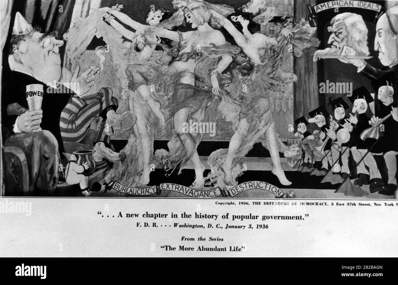 New Deal: Dessin animé par "Les défenseurs de la démocratie" à New York montrant une image de la série "La vie abondante" intitulée: "Un nouveau chapitre dans l'histoire du gouvernement populaire". Banque D'Images