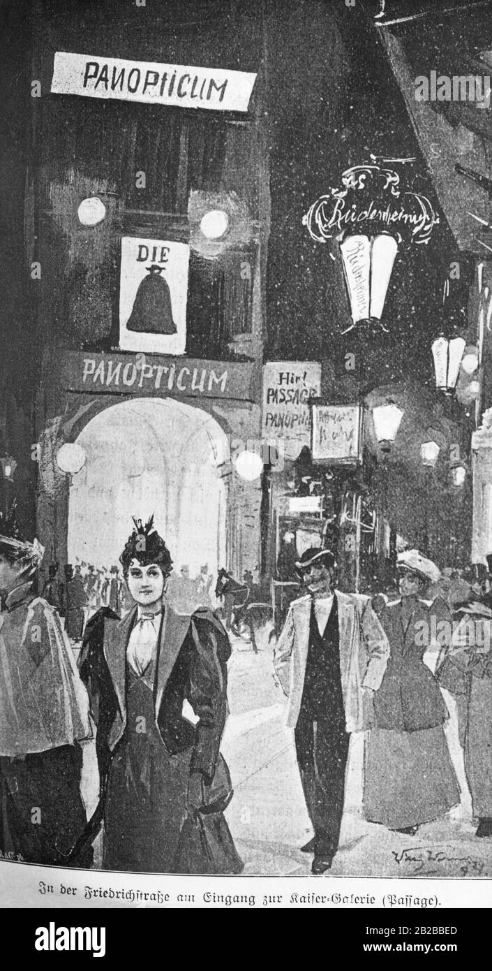 Dessin d'une scène dans la Friedrichstrasse de Berlin à l'entrée de la Kaisergalerie. Banque D'Images