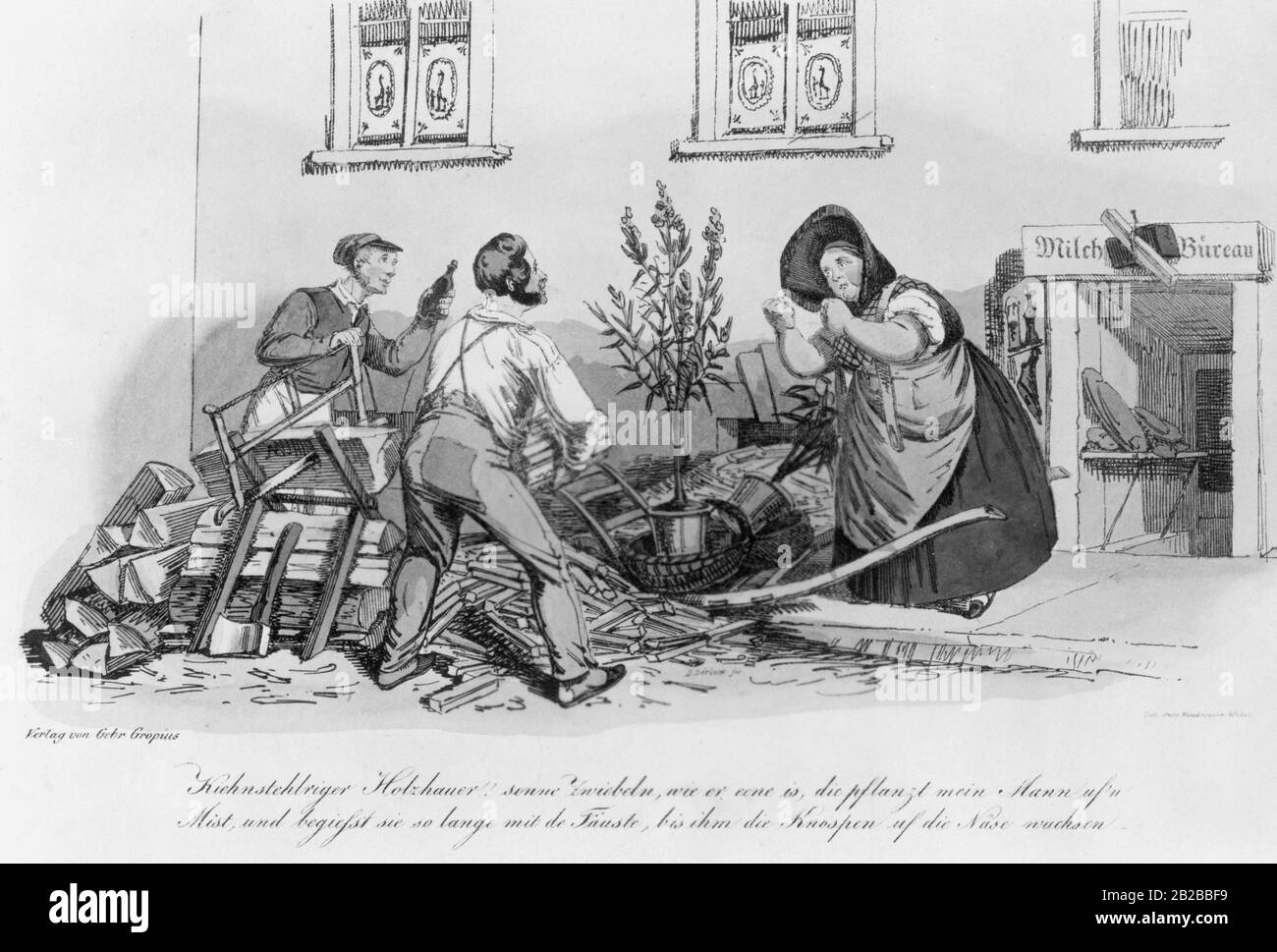 Le dessin montre un cuisinier menaçant le coupe-bois. Image non datée. Banque D'Images