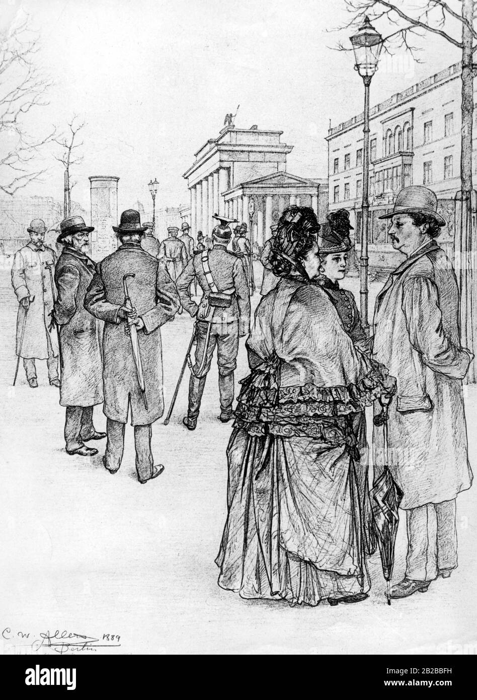 Dessin de personnes en attente à la porte de Brandebourg à Berlin. Banque D'Images