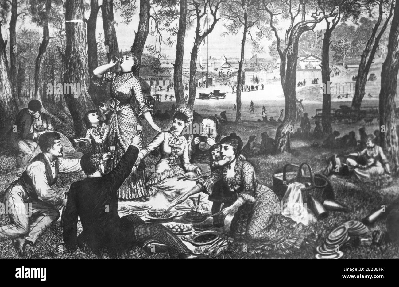 Dessin de la knut Ekvall suédoise. Plusieurs entreprises ont un pique-nique à Grunewald. En arrière-plan, l'un des restaurants de Schilhorn. Image non datée. Banque D'Images