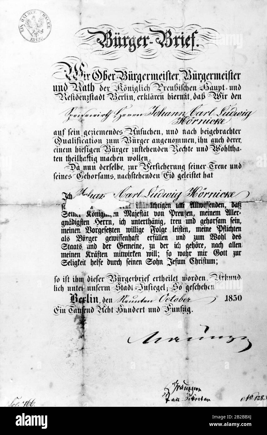 Certificat de naturalisation de l'ingérant Johann Carl Ludwig Hoernicke à Berlin. Banque D'Images