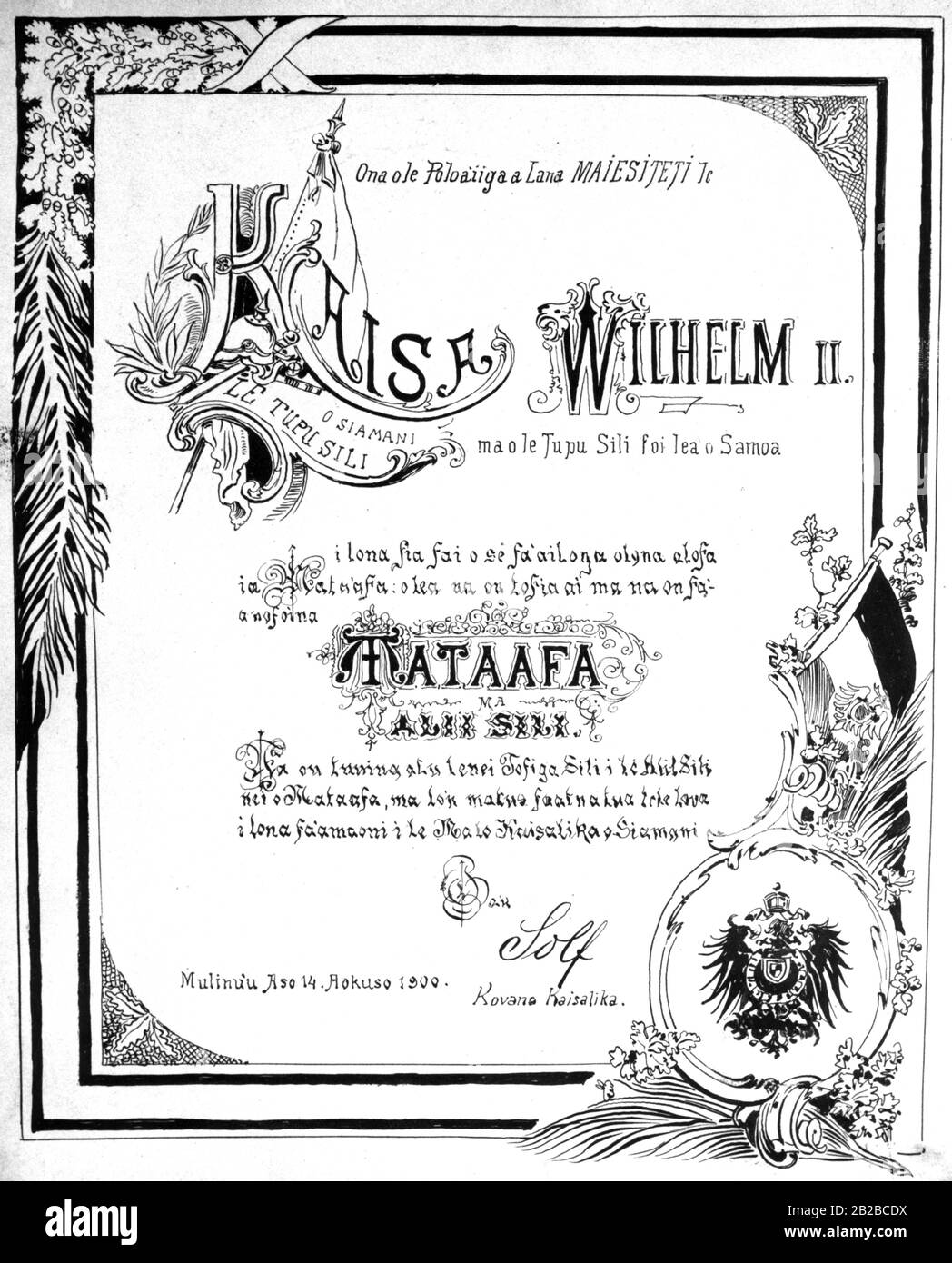 Avec le document signé par Wilhelm Solf, gouverneur de la colonie allemande du Samoa, l'empereur allemand Wilhelm II est reconnu comme chef de l'État du Samoa le 14 août 1900. Banque D'Images