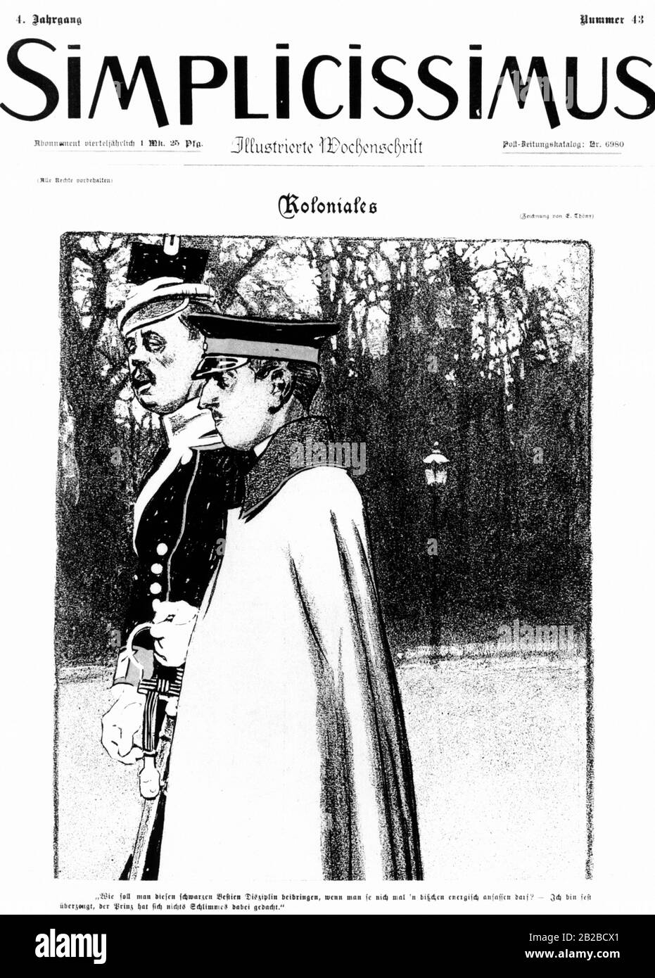 En 1900, le SPD a découvert des cas de coups et d'abus de indigènes dans les colonies allemandes, il a attiré le ressentiment des cercles au pouvoir. Eduard Thoeny commente cela sur la page de titre de Simplicissimus. Banque D'Images