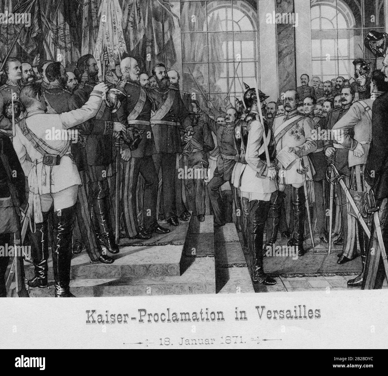 Après la victoire dans la guerre germano-française le 18 janvier 1871, le roi Guillaume de Prusse est proclamé empereur allemand dans la salle des miroirs de Versailles. Banque D'Images