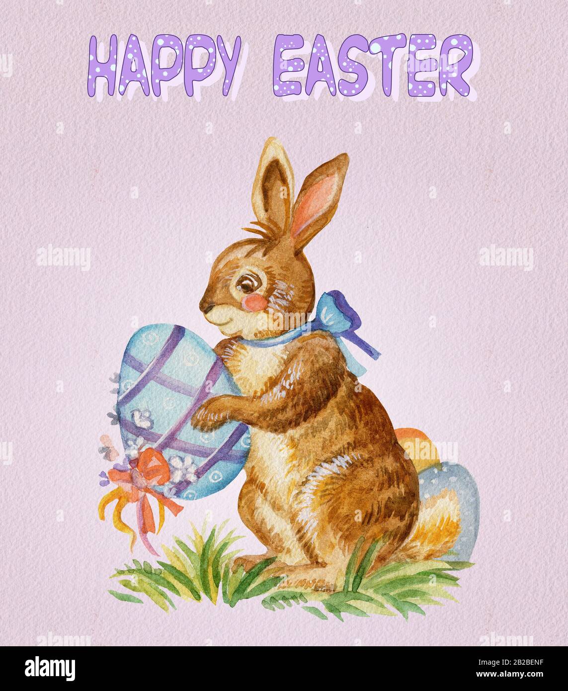 Carte postale d'aquarelle d'un lapin portant l'oeuf de pâques, illustration du stock. Caractères de lapin de Pâques illustration vintage isolée sur fond violet. Ea Banque D'Images