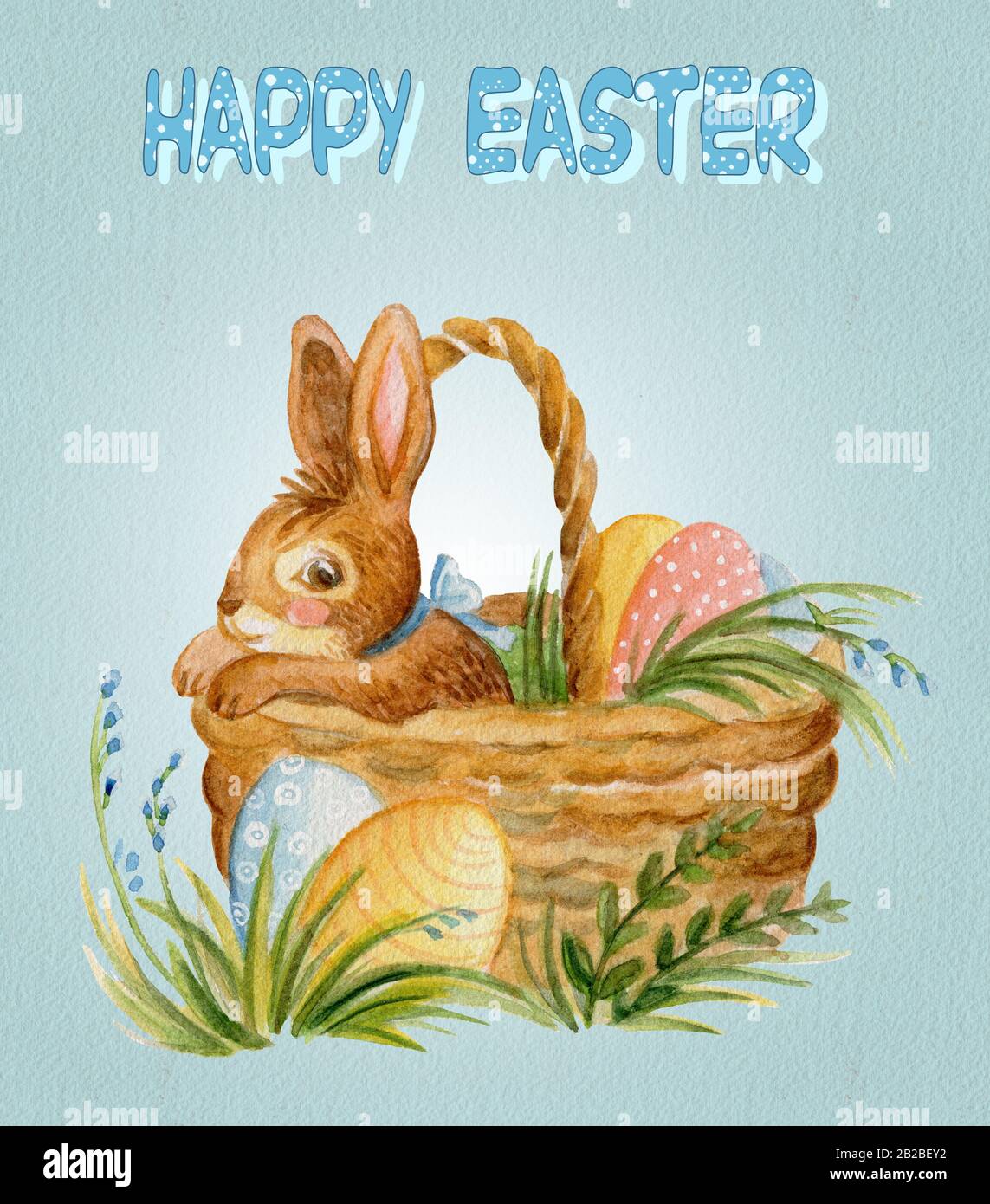 Carte postale d'aquarelle d'un lapin assis dans le panier avec des oeufs ang fleurs illustration du stock. Personnages de lapin de Pâques illustration ancienne isolée sur b Banque D'Images