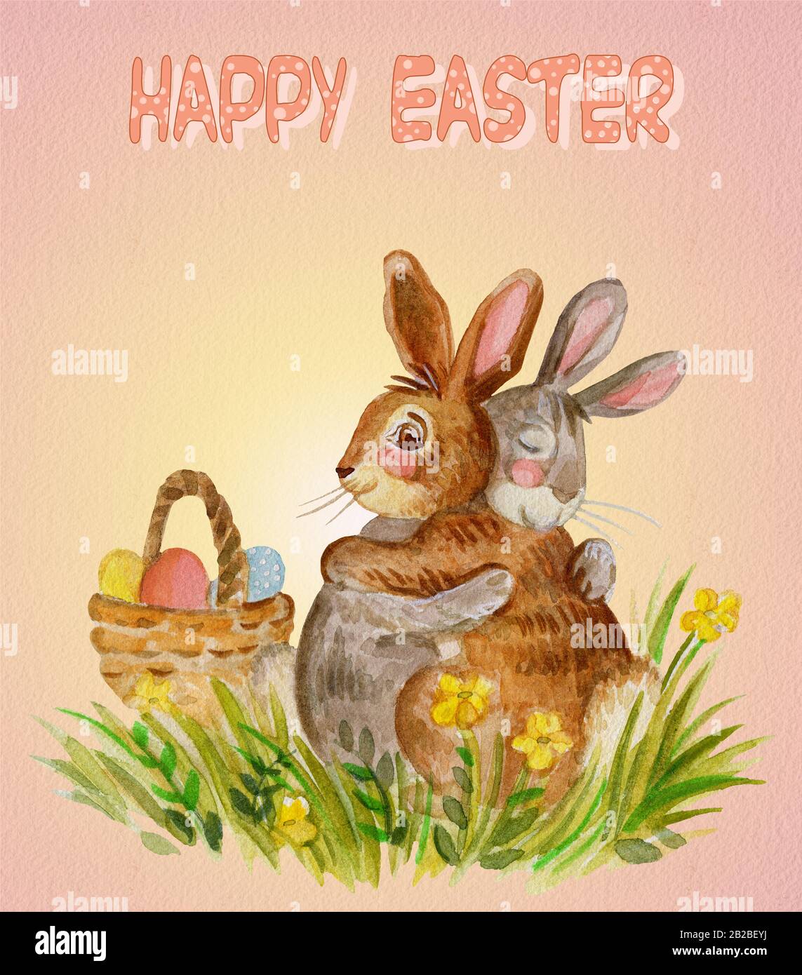 Carte postale d'aquarelle de deux lapins hug assis sur l'herbe verte avec des fleurs, illustration du stock. Personnages de lapin de Pâques vintage illustration isolée Banque D'Images