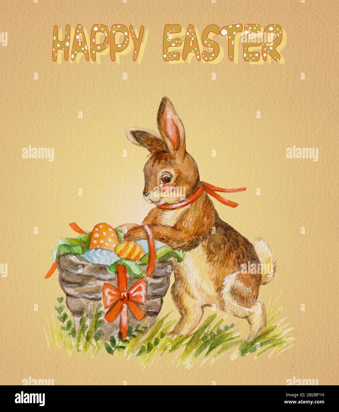 Carte postale aquarelle d'un panier nea de lapin debout avec œufs de pâques, illustration du stock. Pâques lapin personnages vintage illustration isolée sur bro Banque D'Images