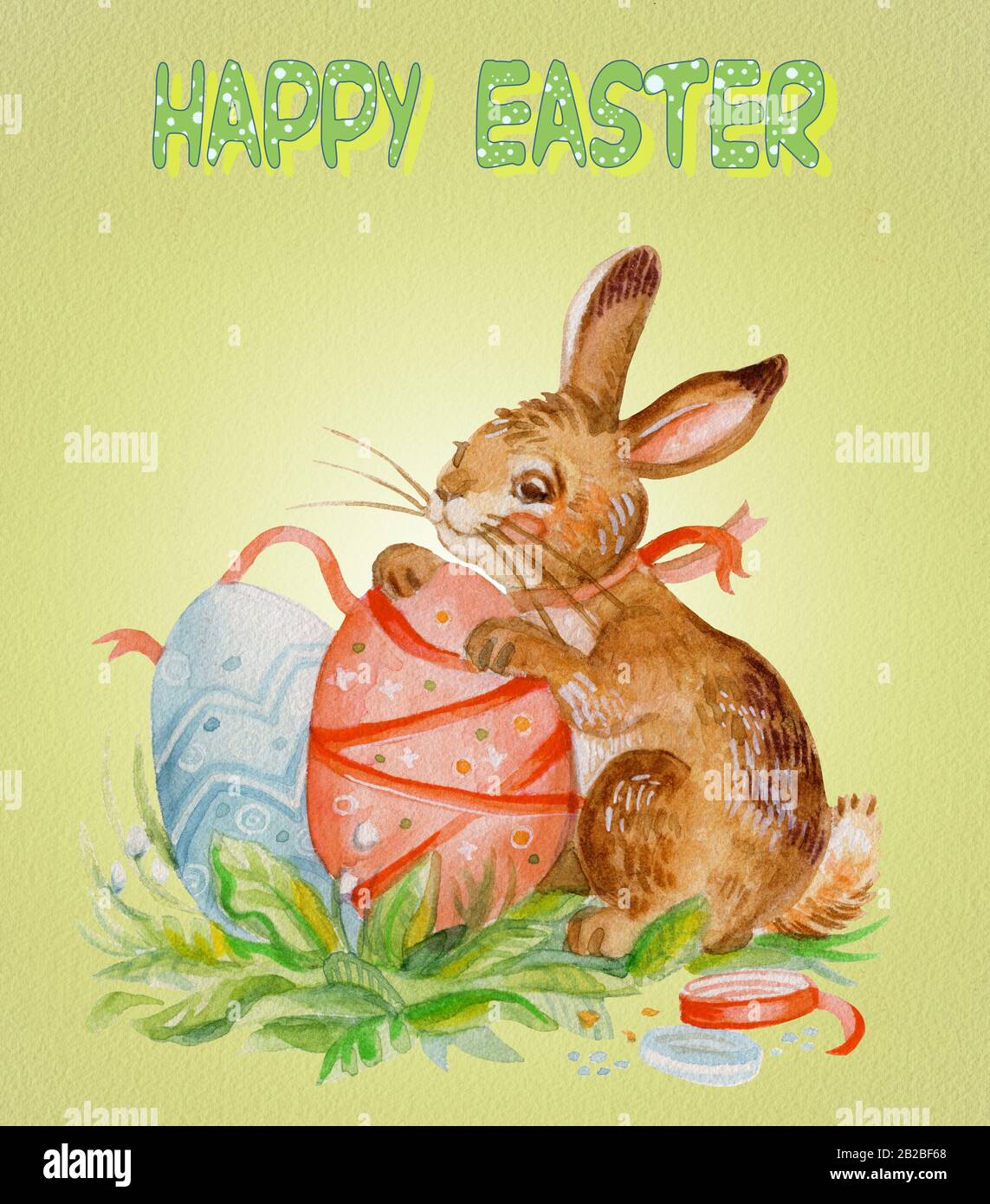 Carte postale aquarelle d'un lapin décorant des œufs par rubans illustration du stock. Personnages de lapin de Pâques illustration vintage isolée sur le dos vert Banque D'Images
