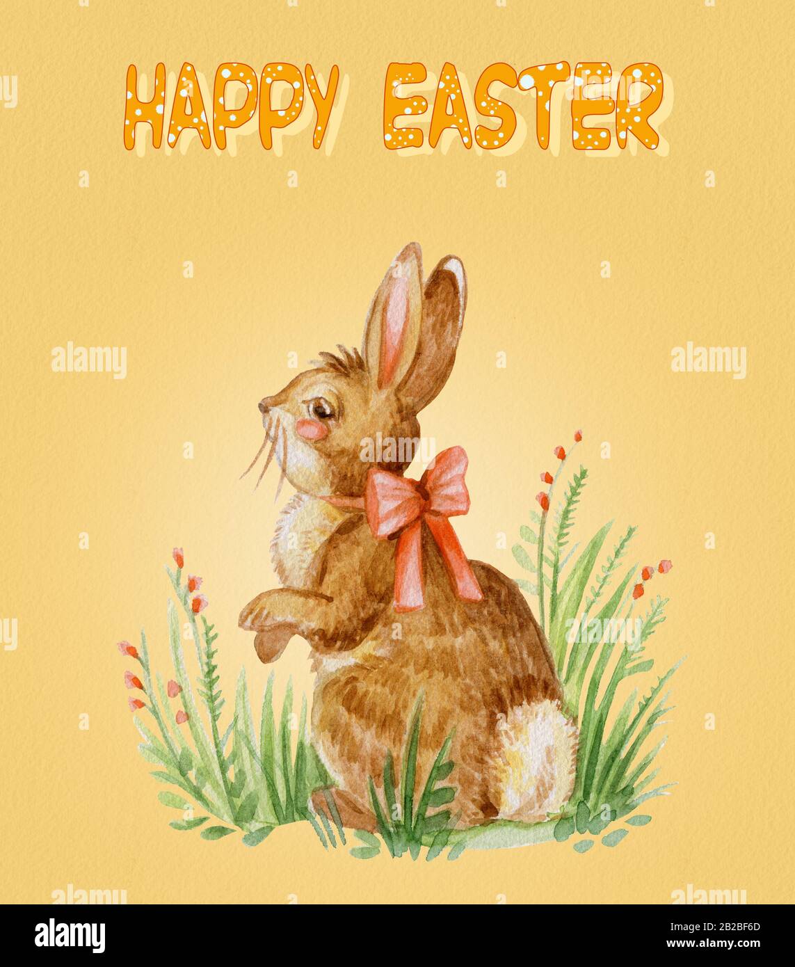 Carte postale d'aquarelle d'un lapin avec noeud assis sur des pattes arrière sur l'herbe avec des fleurs, illustration du stock. Motif lapins de Pâques vintage Banque D'Images