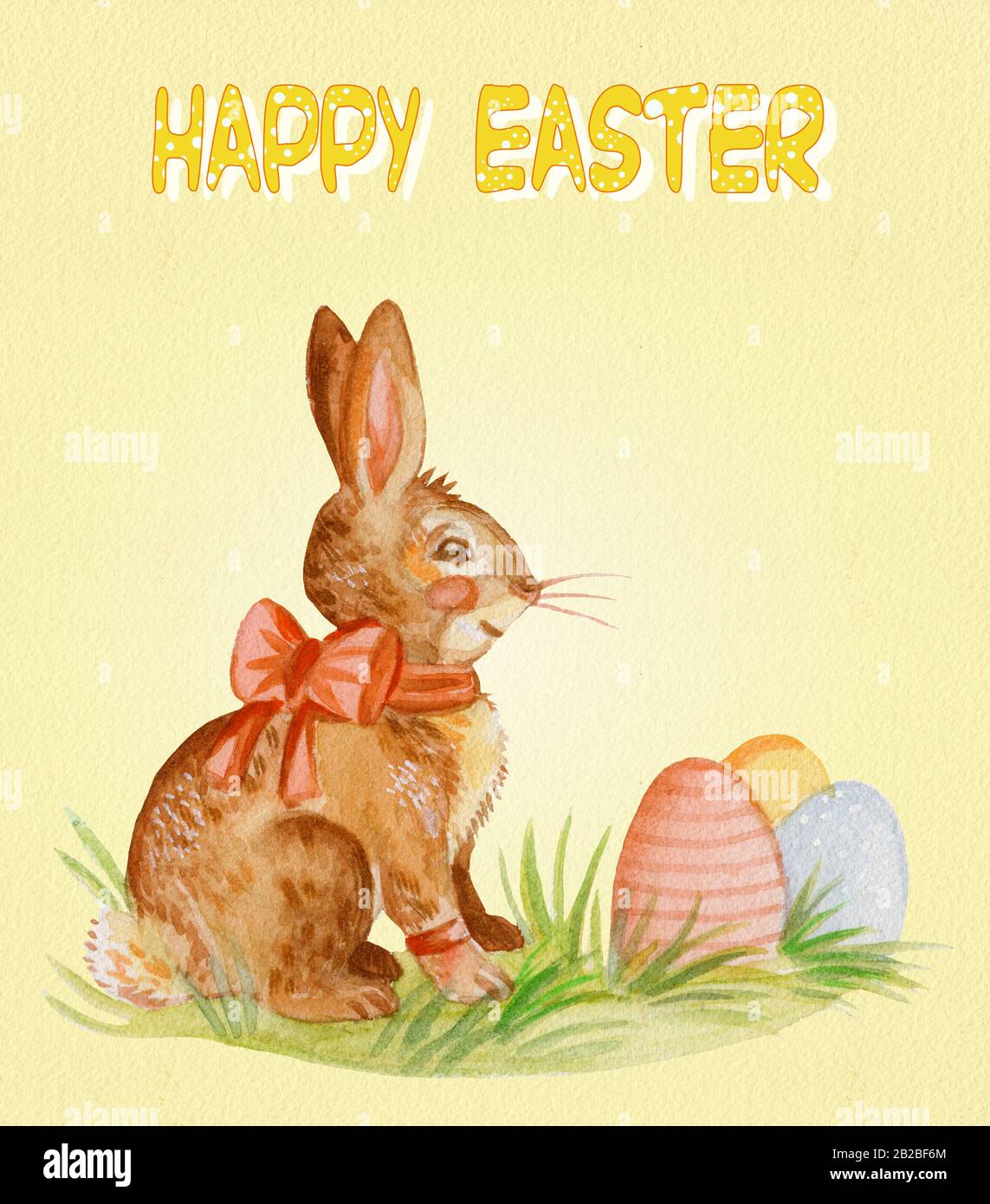 Carte postale d'aquarelle d'un lapin avec noeud assis sur l'herbe devant les oeufs de pâques, illustration du stock. Pâques lapin personnages vintage illustration isola Banque D'Images
