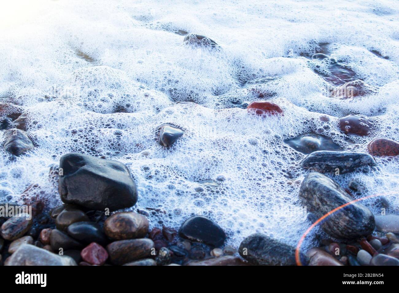 Pierres de galets et mousse de mer brillantes et humides de différentes couleurs. Banque D'Images