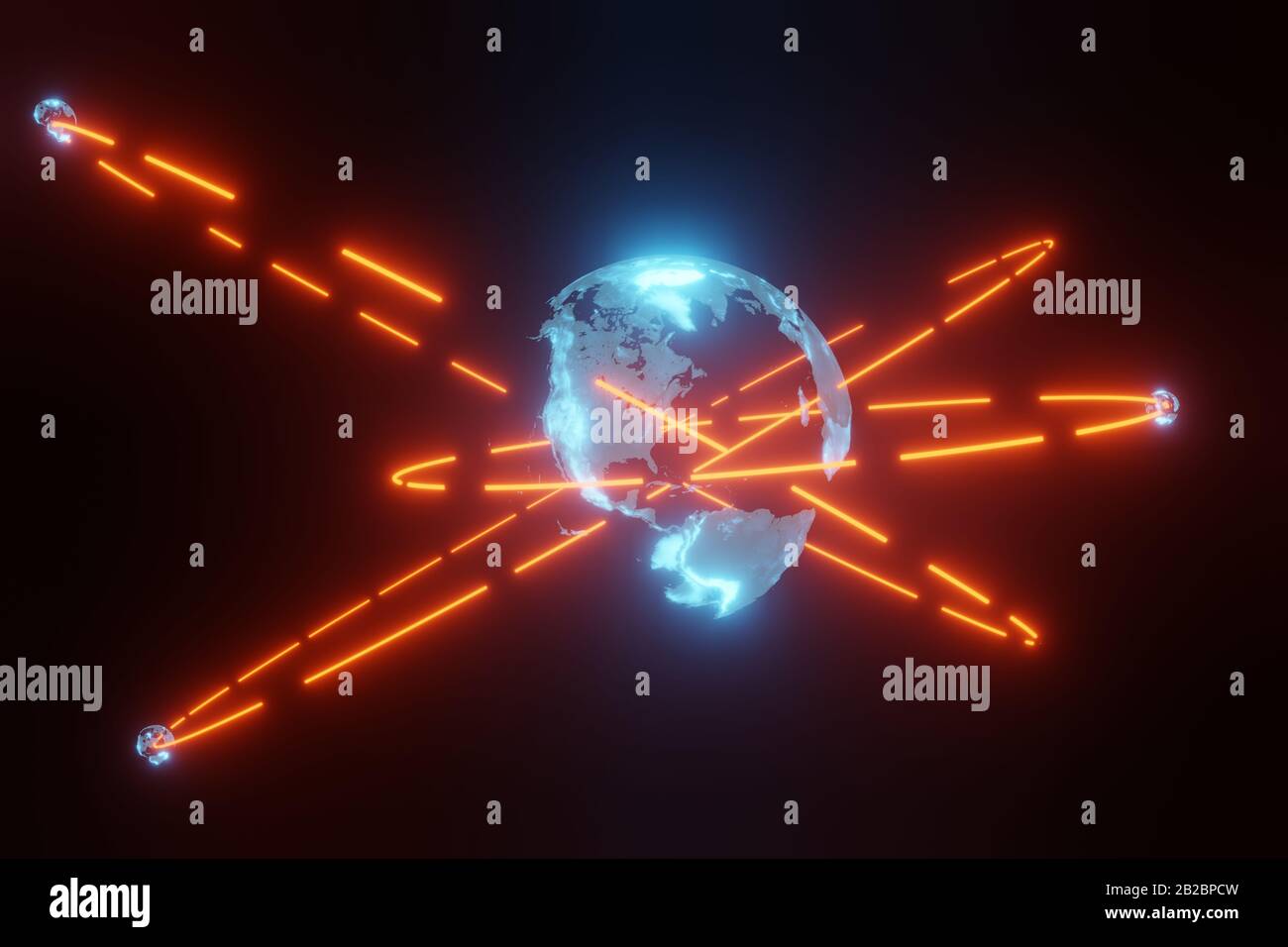 Hologramme planète terre avec orbites satellites, communication et Internet business concept. Visualisation futuriste 3D Rendering. Banque D'Images