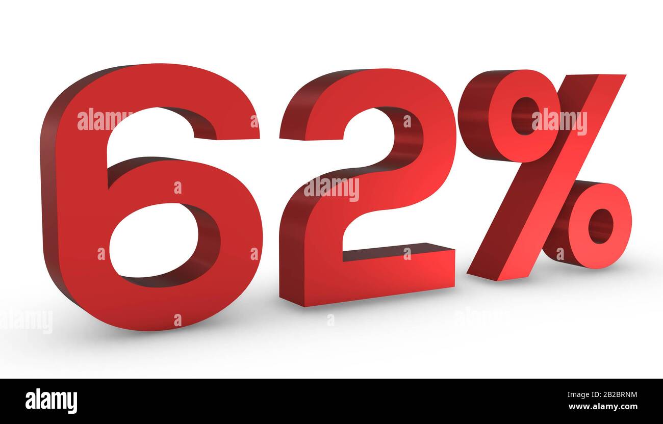 Rouge Brillant En Relief Sixty Deux Pour Cent 62% Isolé Sur Fond Blanc. Banque D'Images