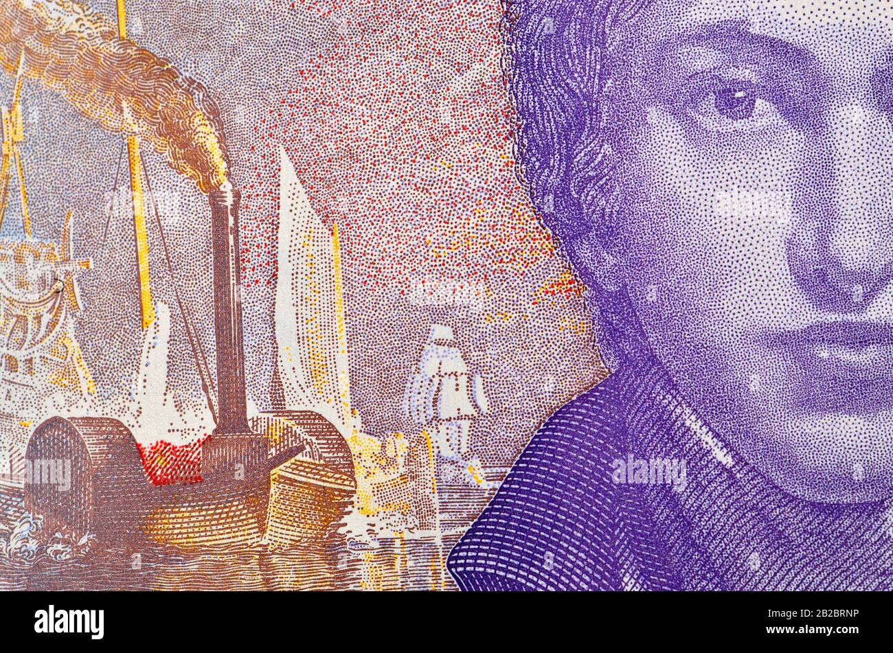 Nouveau polymère britannique £20 note (fév 2020) autoportrait de JMW Turner (c1799) et détails du combat Temeraire Banque D'Images