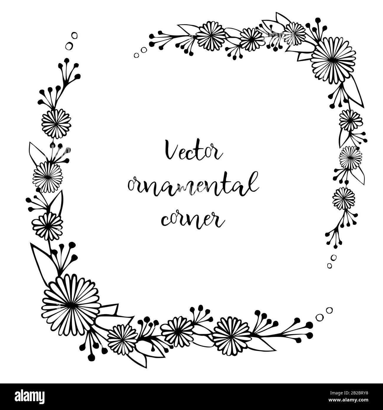 Ornement décoratif à motif fleuri vectoriel dessiné à la main. Cadre de fleurs de printemps. Bordure noire et blanche Illustration de Vecteur