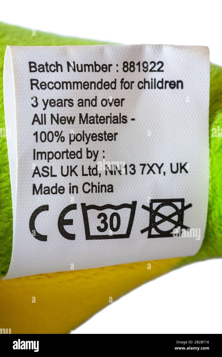 Étiquette sur jouet mou - Recommandée pour les enfants de 3 ans et plus, toutes les nouvelles matières, 100% polyester, importées par ASL UK Ltd, Fabriqué en Chine Banque D'Images