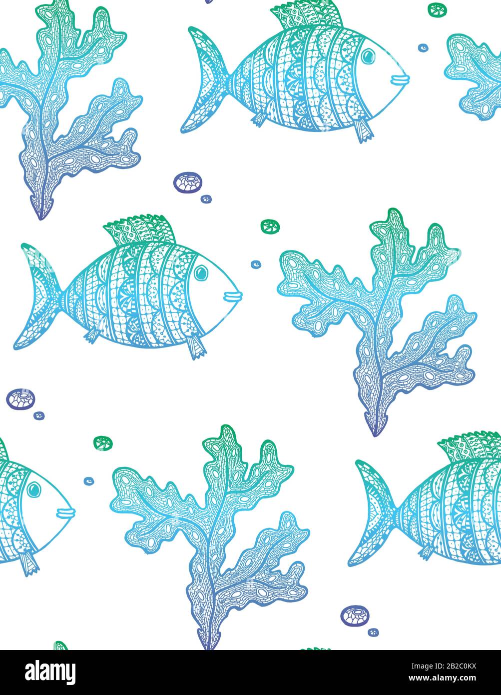 Illustration vectorielle avec algues de gradient tracées à la main et poissons sur fond blanc. Modèle marin sans soudure avec algues, poissons et bulles Illustration de Vecteur
