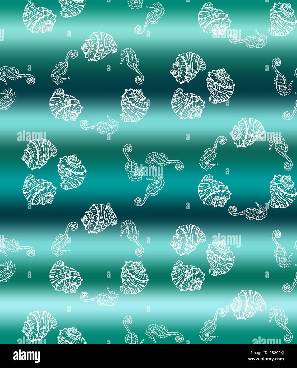Illustration vectorielle d'un modèle marin sans soudure.Main blanche dessinant des coquillages d'hippocampe et de mer sur fond abstrait de vague de mer Illustration de Vecteur